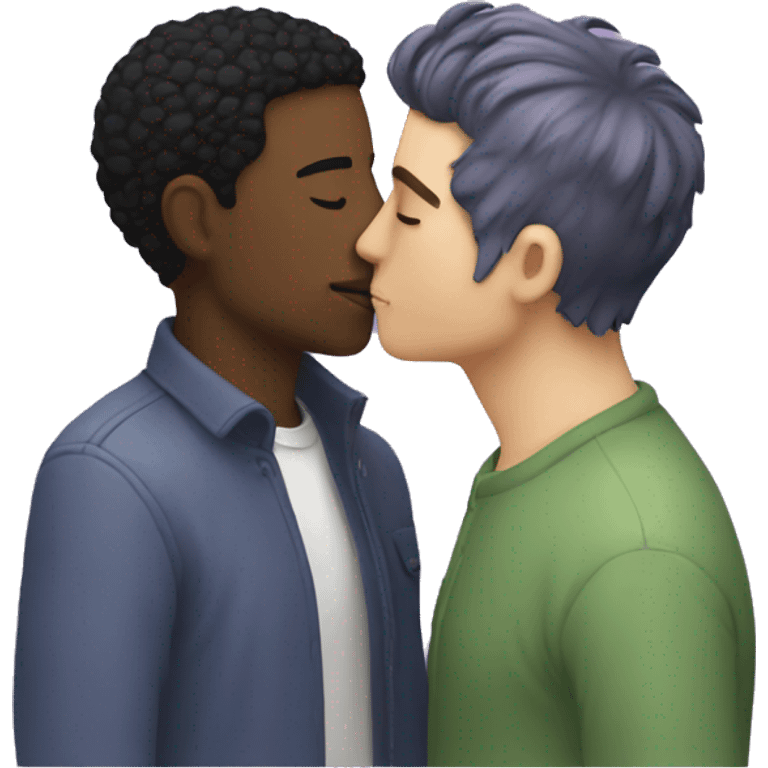 Two men kissing, one of the white with lavender hair and the other person is black with black hair emoji