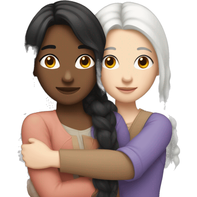 A lesbian couple who both have white skin and long black hair are hugging intimately. emoji