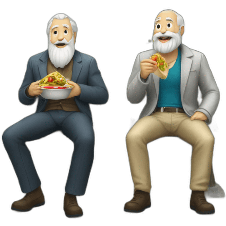 two old beard men eating shawarma on a bench on a park emoji