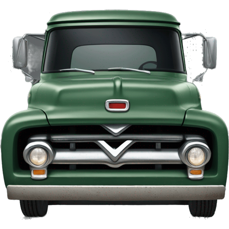 Dark green 1956 Ford F100 Truck with rust on the front emoji