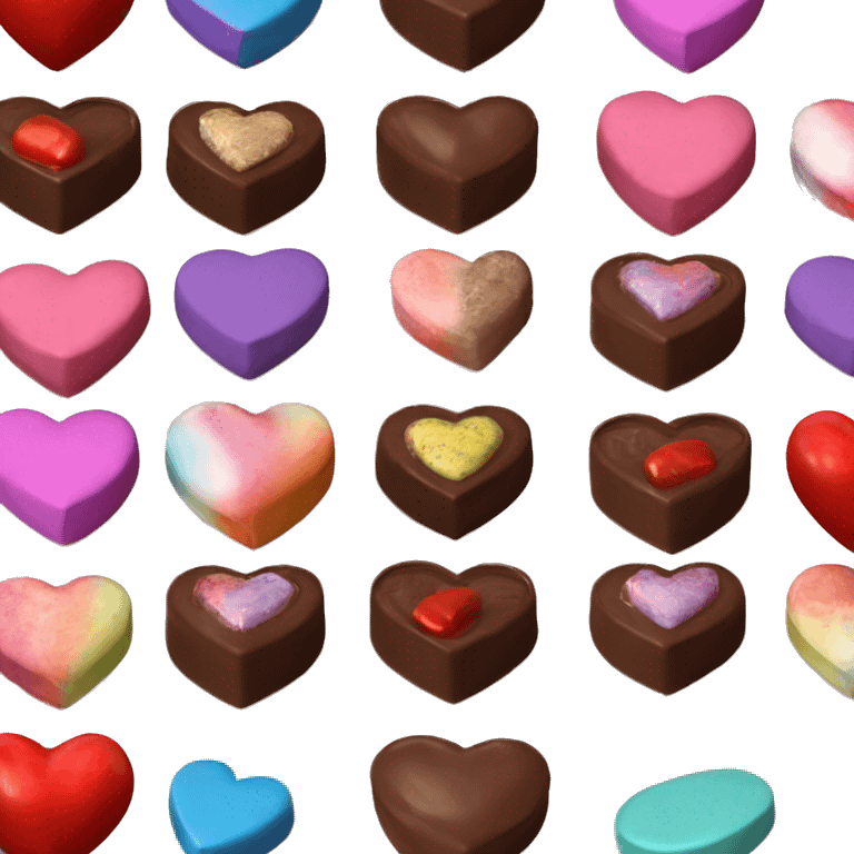 Heart shaped chocolate box with and assortment of different colored heart shaped chocolates inside  emoji