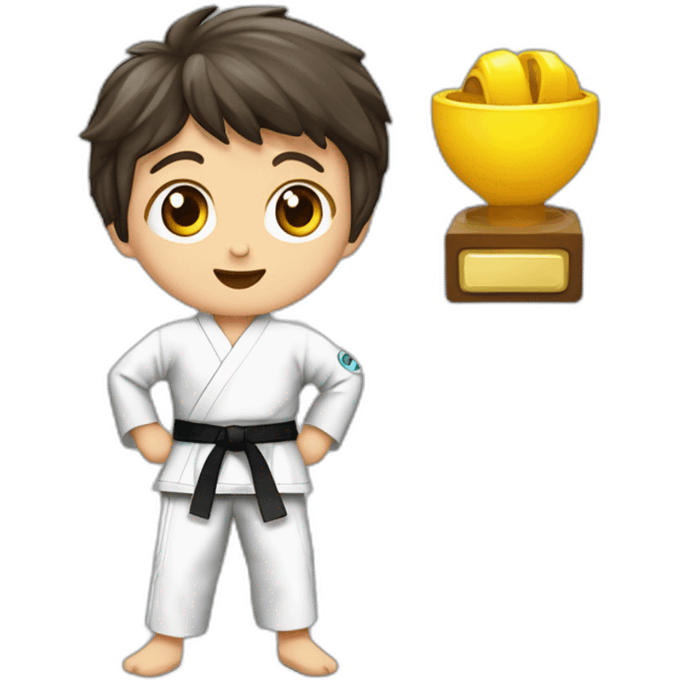 un niño de 8 años trigueño cpn pelo ondulado y ojitos achinadospracticando taekwondo solo cabeza emoji