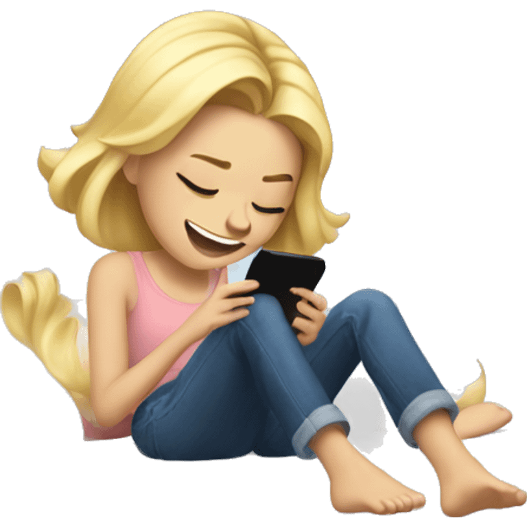 blonde girl giggling and kicking her feet while laying on her bed looking at her phone emoji