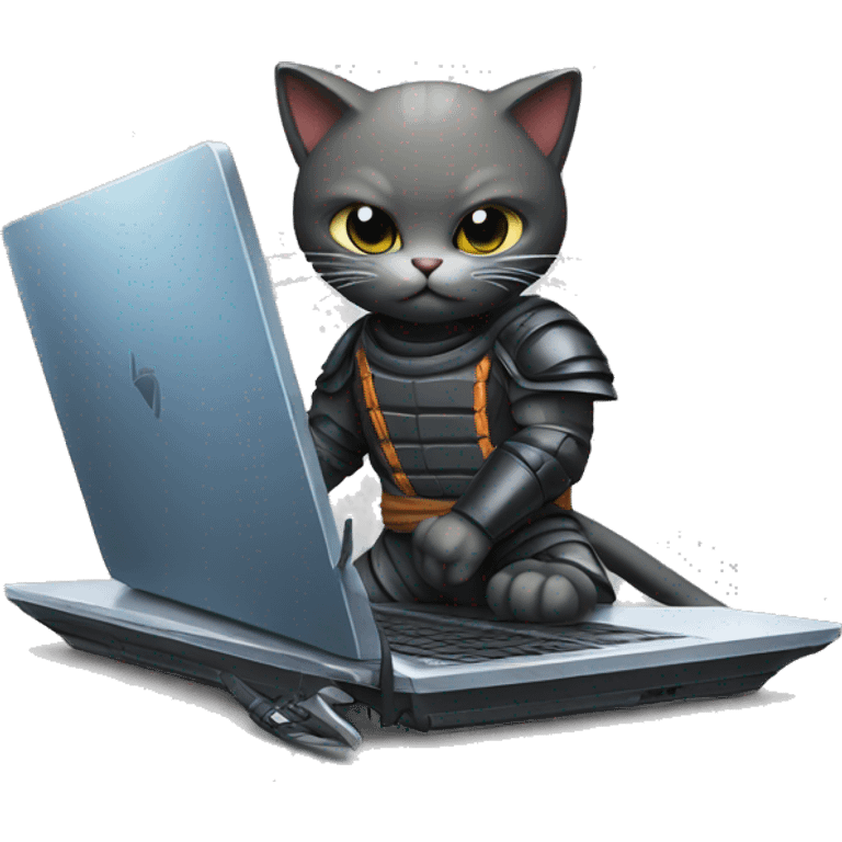 a ninja cat protecting a laptop computer. the cat has a sword and is standing in front of the laptop computer. highly detailed. emoji