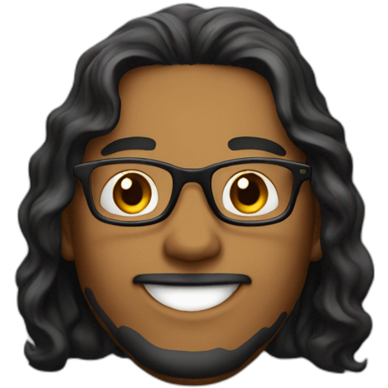 Caramel smiling guy, black eyes, black long wavy hair, no facial hair, thin long nose, round glasses, black t shirt emoji