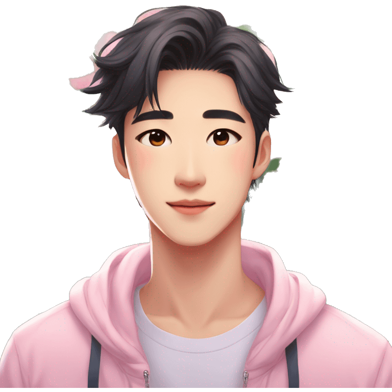 Gorgeous bright sparkly romantic Asian anime pastel guy with blushing face and flowers aesthetic trending style outside emoji