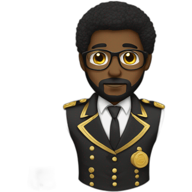 black soldier with beard, part in hair, white collared shirt, bow tie, gold glasses, bulletproof vest  emoji