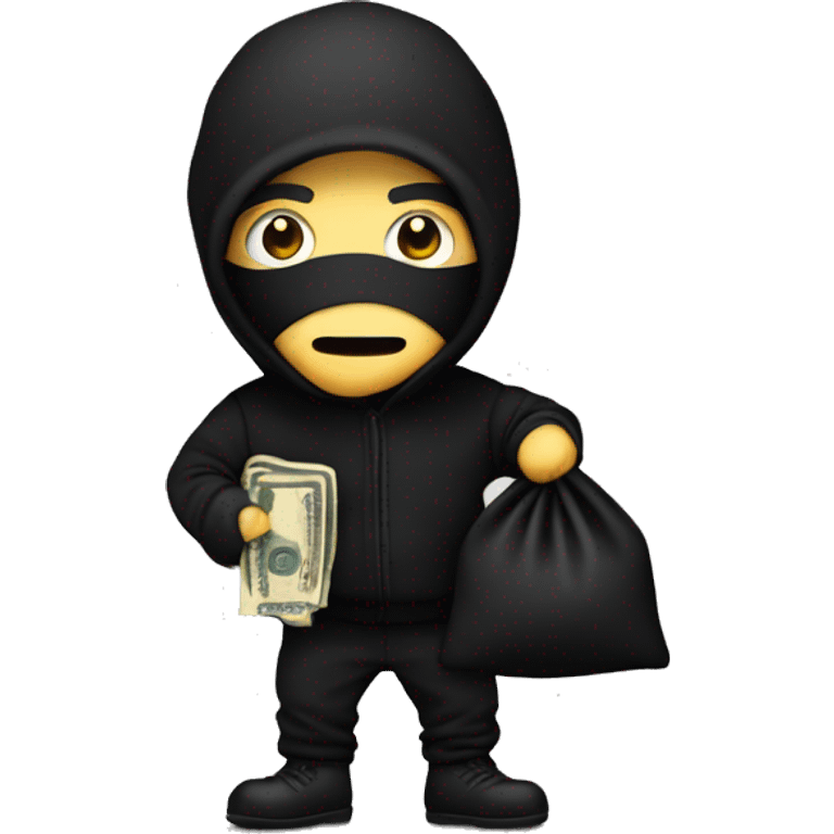 Thief wearing all black clothes actively stealing a money bag with the words Top Tier embroidered on it emoji