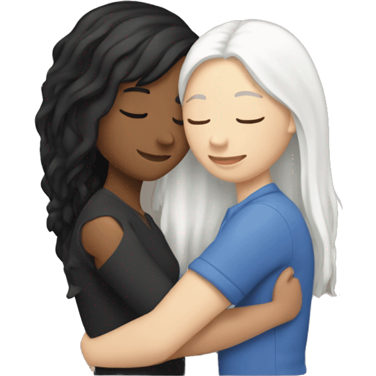 A lesbian couple who both have white skin and long black hair are hugging intimately. emoji