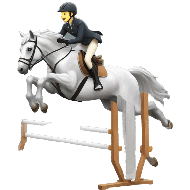 A rider jumping an obstacle with a grey horse  emoji