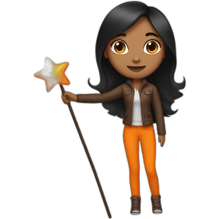 brown woman holding a orange star wand long black straight hair full length emoji