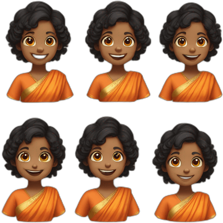 smiling and pointing 3 years old dark skin indian girl with black curly hair in pigtails wearing a orange saree emoji