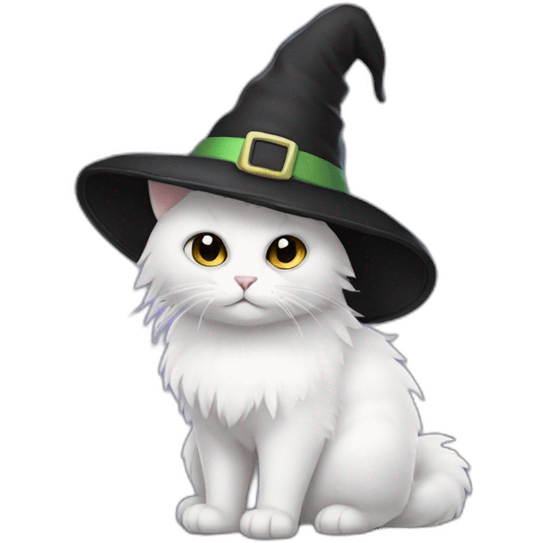 White fluffy cat with black cone witch hat emoji