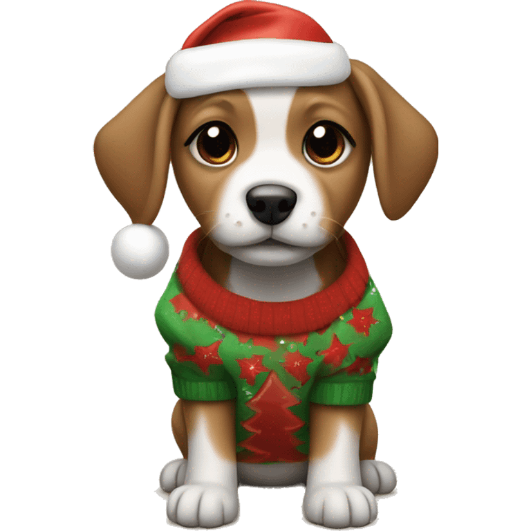 Puppy wearing a Christmas jersey and Santa hat emoji