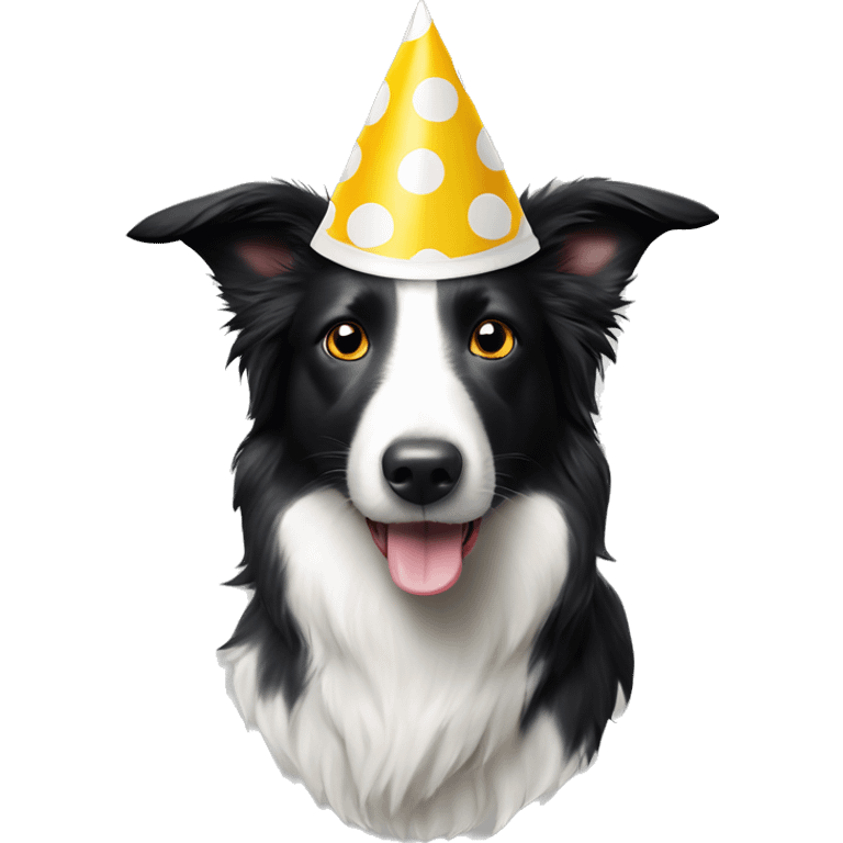 A black and white polka-dotted Border Collie wearing a party hat.   emoji