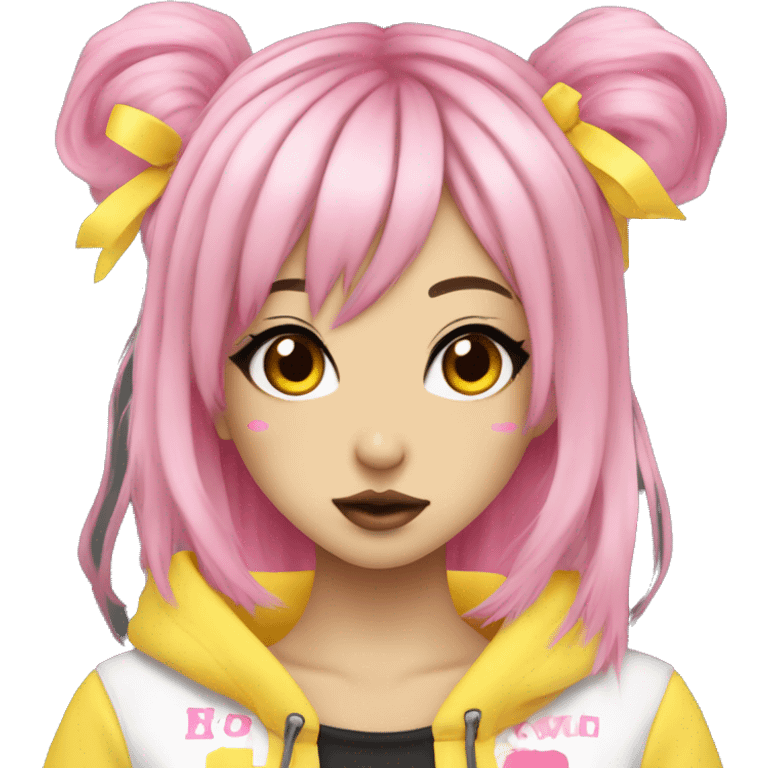 hime gyaru girl, pink and yellow split-dyed hair, dark makeup, punk clothes emoji