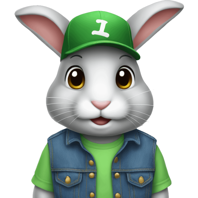 Rabbit wearing denim overall and green baseball cap emoji