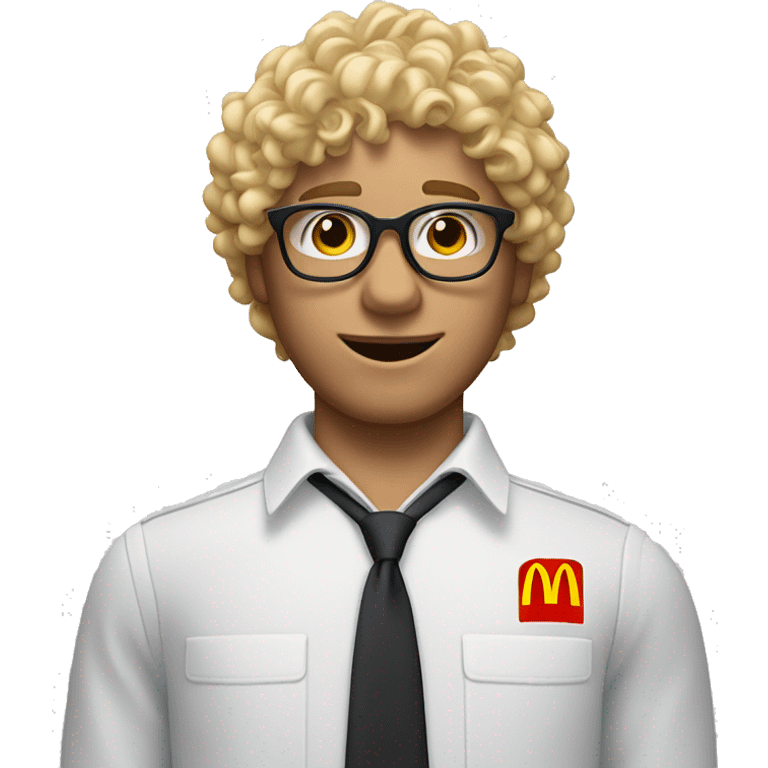 blonde curly hair man with acne and glasses in mcdonald’s uniform and wearing mcdonald hat emoji