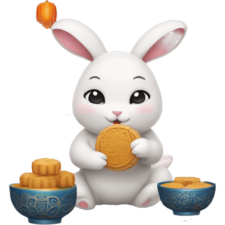 Create a cute Mid-Autumn Festival scene featuring an adorable rabbit eating a mooncake. emoji