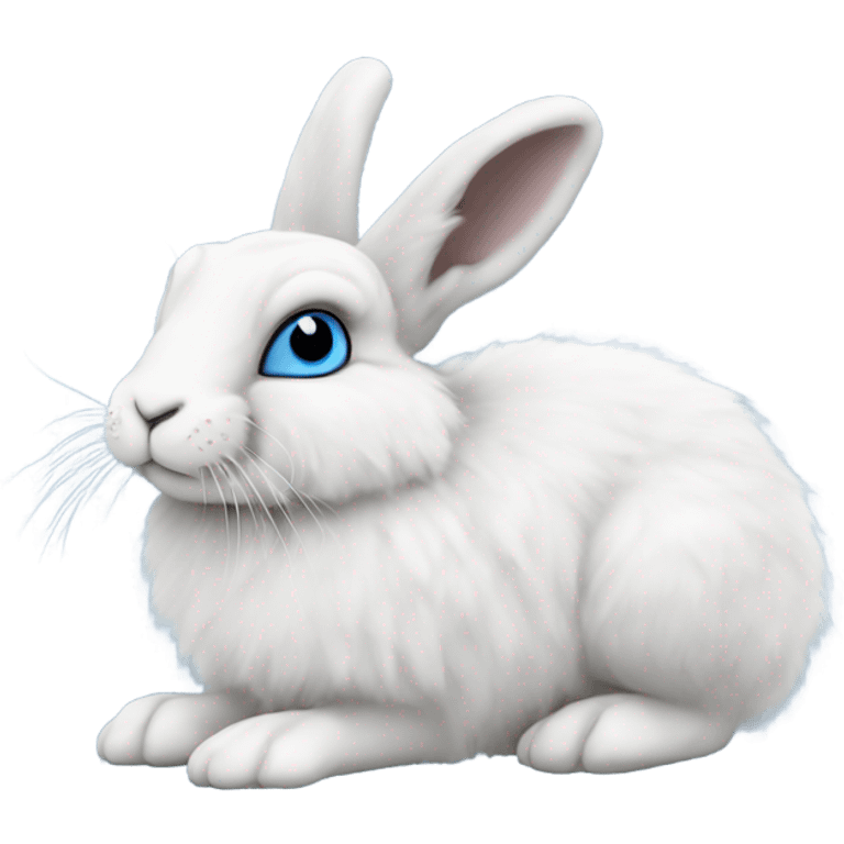 snowshoe hare very fluffy with no feet showing. laying down, side view, blue eyes emoji