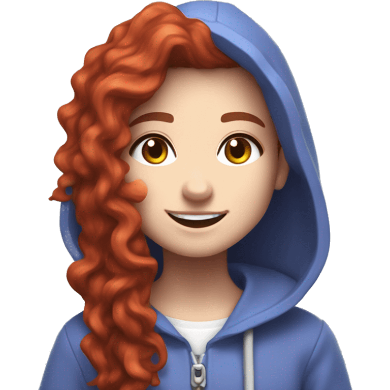 a white girl with long red curly hair and freckles, wearing periwinkle Minecraft hoodie playing a videogame smiling emoji