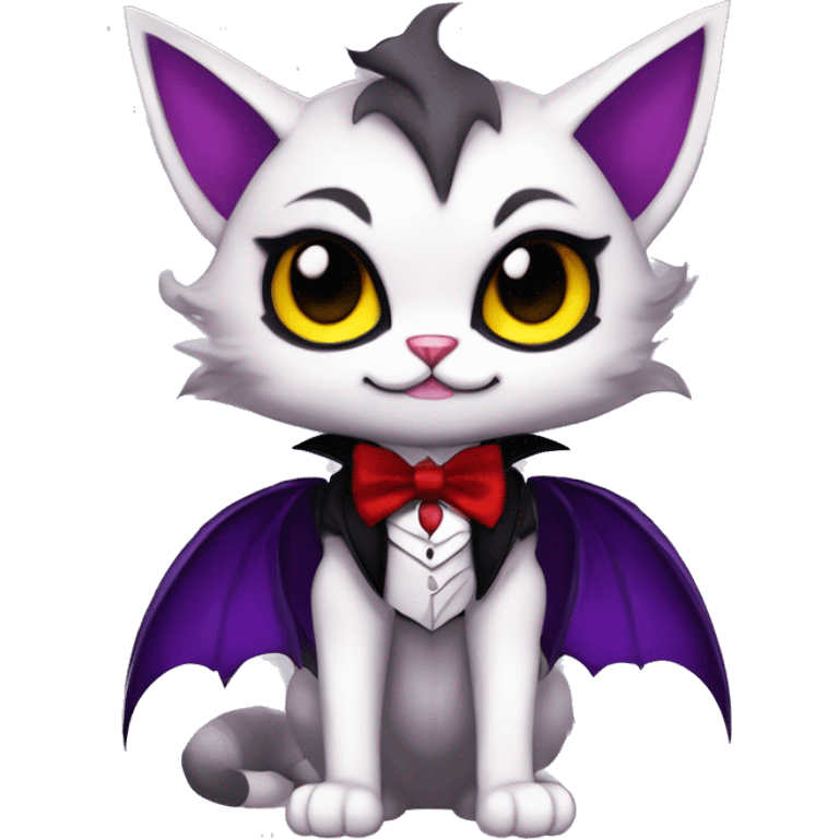 Cute-Evil-Vampiric-Batty-Cat-Black-Purple-Red-Yellow-Contrast-Colors-Fantasy-Fur-Sona-Chibi-Shiny-Fakémon-Hybrid with horns and big fangs neck bow white tie leg spats full body emoji