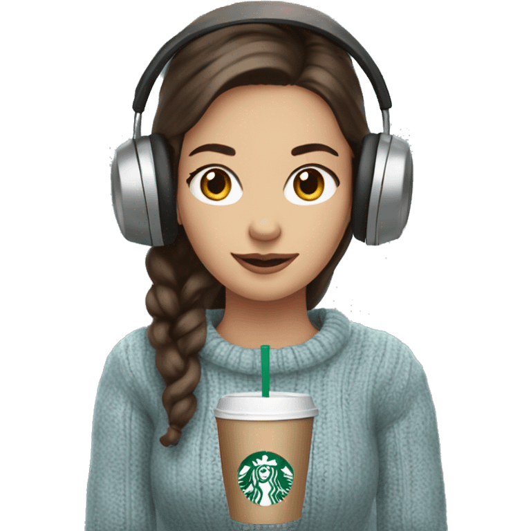 Can you make a brunette girl with blue greyeyes wearing a beig sweater and ear muffs holding a Starbucks cup emoji