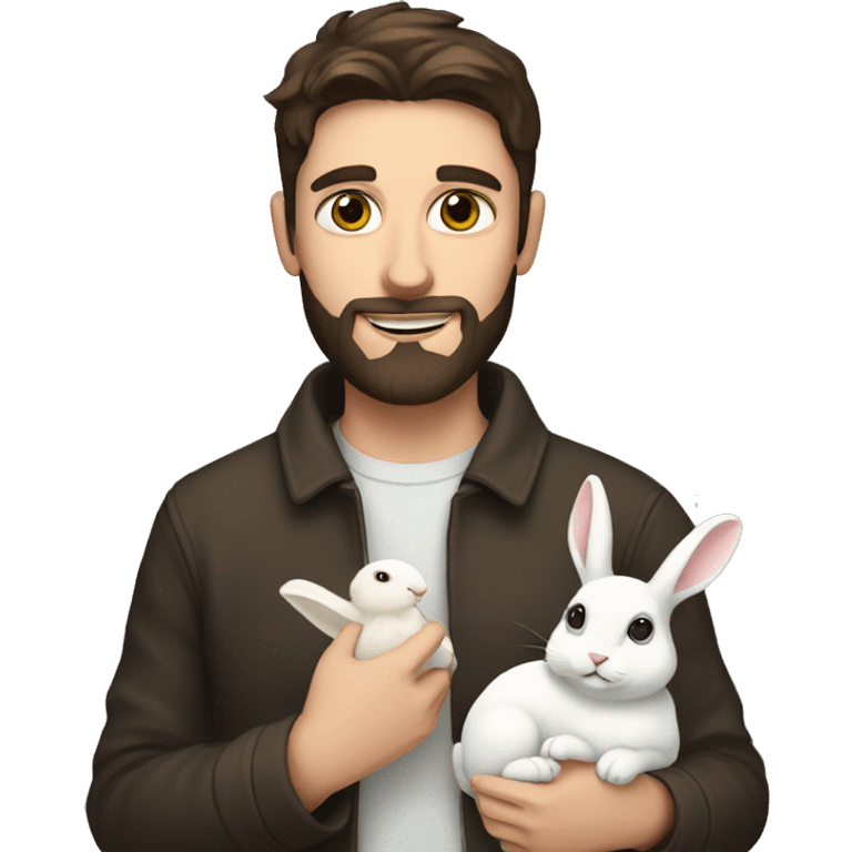 Brunette guy with a beard holds a white rabbit  emoji