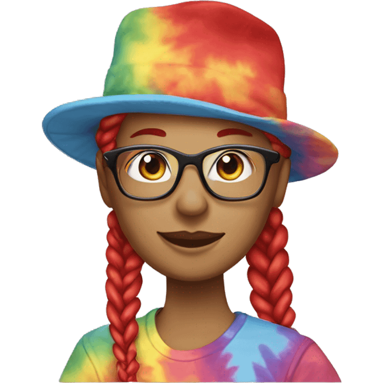 gardening hat lady with two red and blonde braids and tie-dye t-shirt and glasses emoji