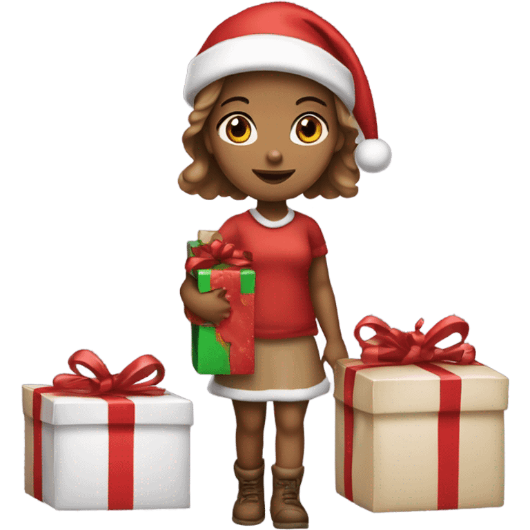 girl with light brownish skin wearing santa hat and holding presents emoji