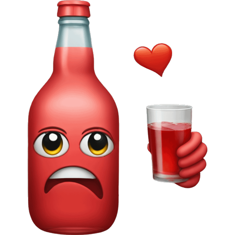 A red ❤️ emoji with eyes, a mouth, and hands, looking drunk, holding a bottle of drink, with a wobbly and tipsy expression emoji