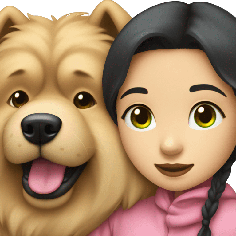 girl with very long black hair and green eyes and pink outfit hugging a beige fluffy cute chow chow dog emoji