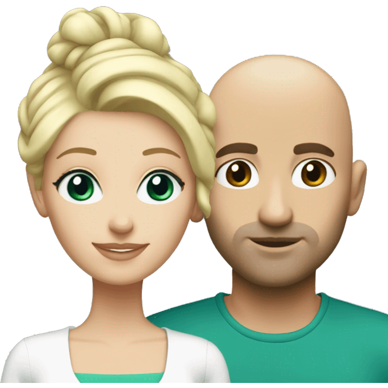 Couple. White. Male bald. Woman blonde. 35. Teal eyes.  emoji