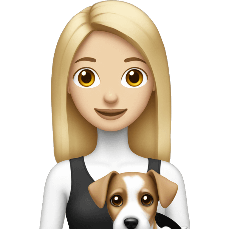 Blonde woman holding a black brown and white jack russell terrier emoji