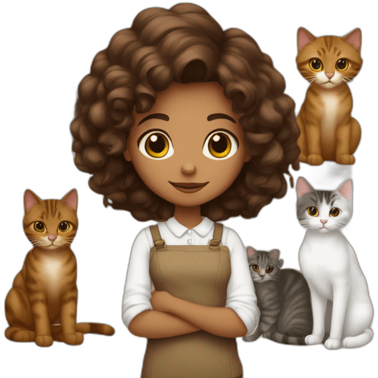 menina com cabelo castanho escuro com 4 gatos, dois gatos pretos, um gato tricolor e outra gata rajada emoji