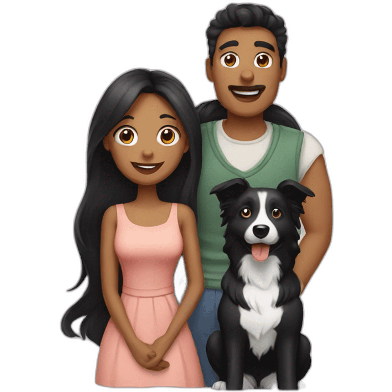 Family formed by a man and a woman with long black hair and small black border collie emoji