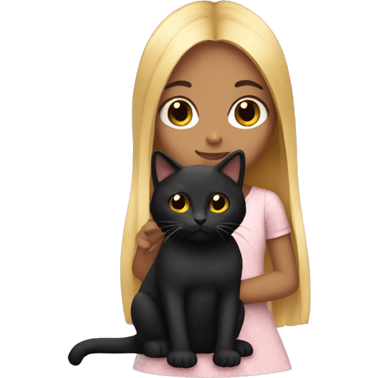 Girl holding black kitty. The girl has black long hair and dark skin emoji