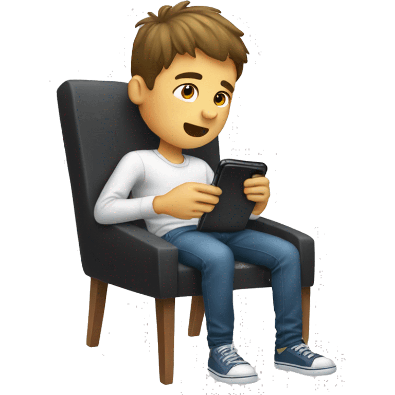 A boy using phone sitting on the chair with legs upside emoji