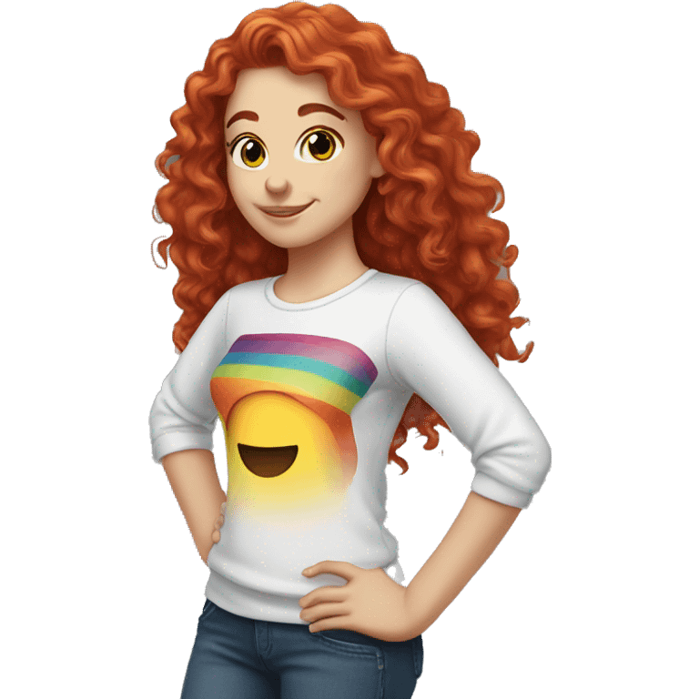 white girl with long red curly hair, wearing a rainbow shirt doing a pose emoji