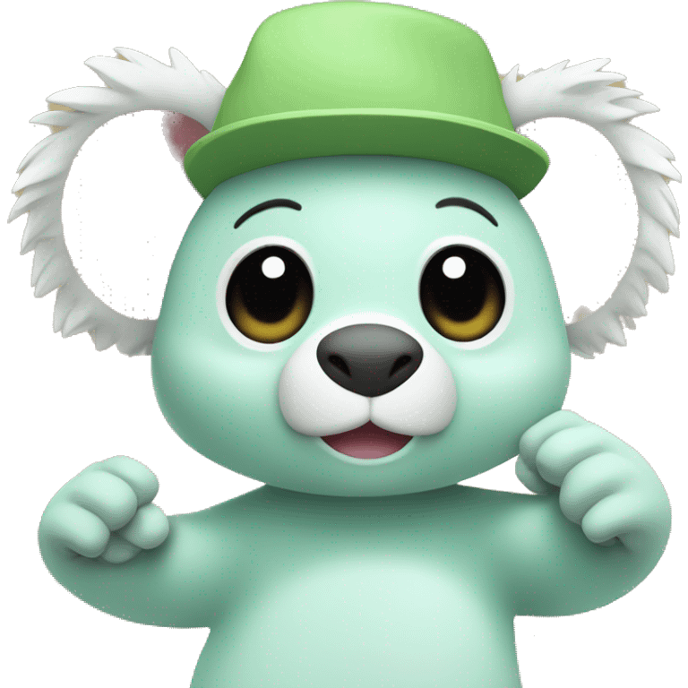 A mint-colored Fall Guys character wearing a beige koala hat on his head waves his hand. emoji