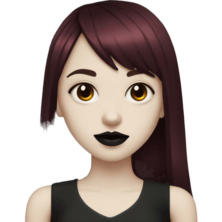 goth girl that has pale white skin and Long Dark Red hair and has dark red fringe bangs and has dark lipstick emoji