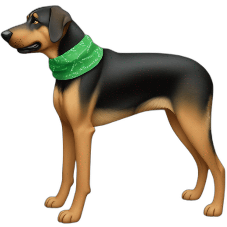 75% Coonhound 25% German Shepherd mix dog wearing small plain green bandana side view full body in profile left facing emoji