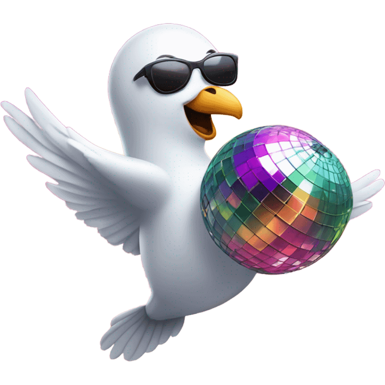 An dove in trendy sunglasses dancing under a disco ball, looking happy. emoji