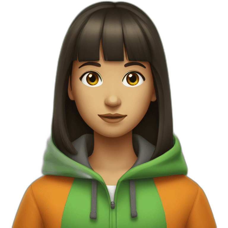 a young girl with slightly tanned skin.  straight bangs and dark hair.  she has bright green eyes and an orange coat emoji