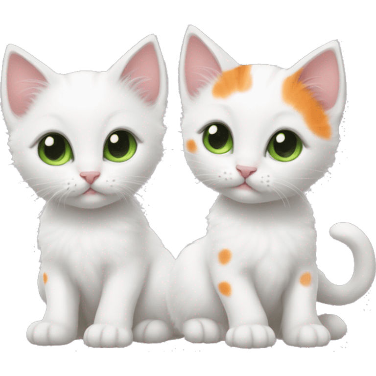 White kitten with orange and black spots  Green eyes, pink nose  Black spot on left eye  Orange spot on right eye  On all four paws emoji