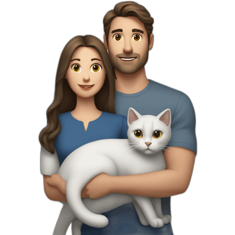 white brun man and brunette woman with a big gray cat in their arms emoji