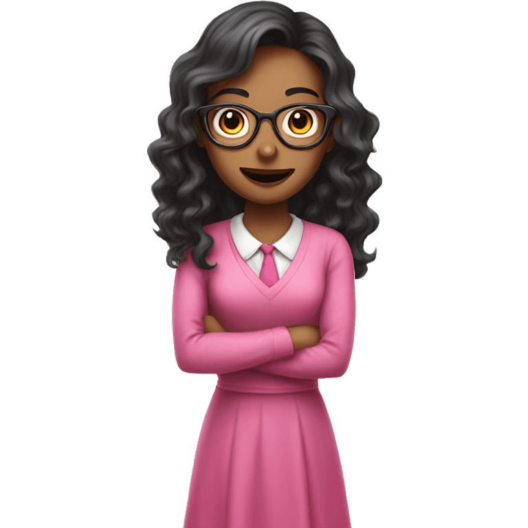 dark wavy long hair nerd girl, wearing a pink dress, pink mouth emoji