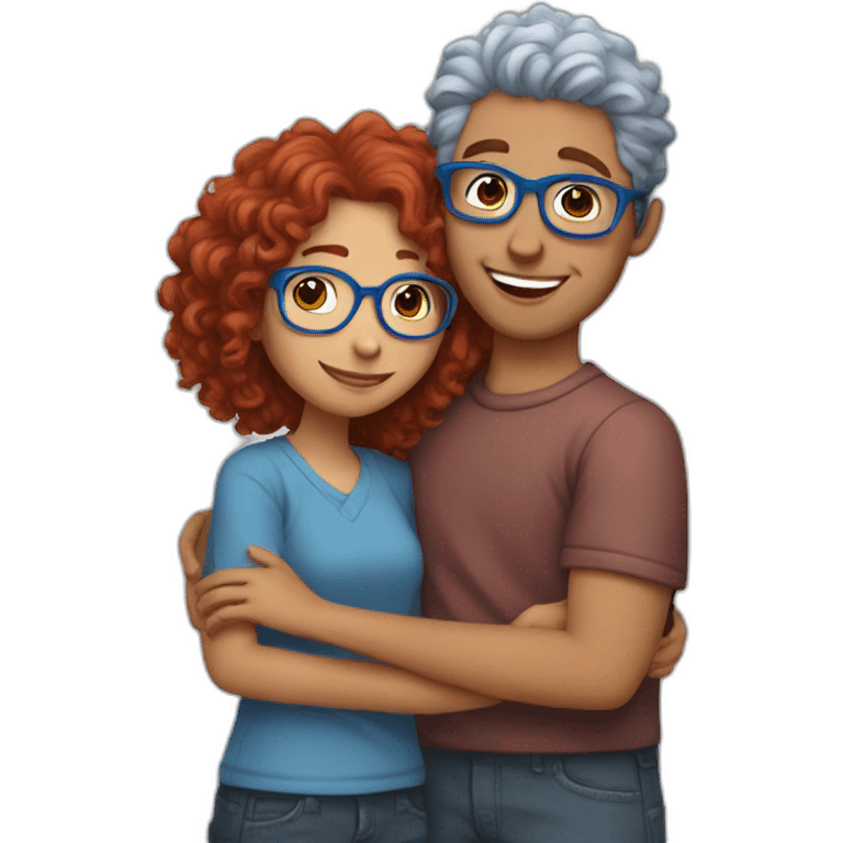 a girl with red curly hair and blue glasses hugging a boy with gray hair emoji