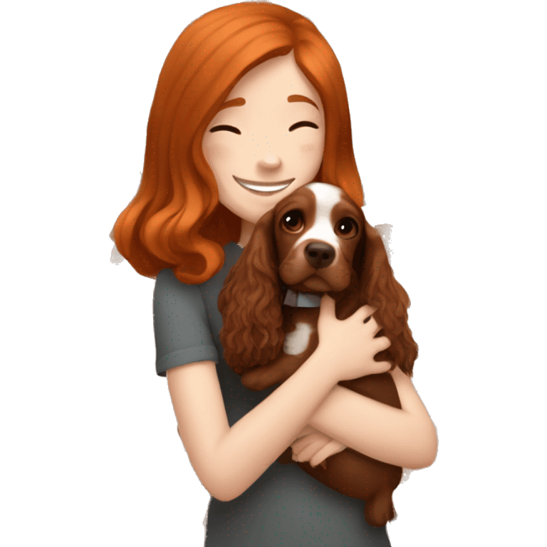 A very cute girl with red hair cuddling a happy brown English Cocker Spaniel. emoji