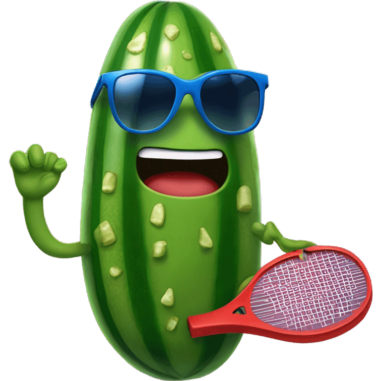 pickle holding a solid red paddle ball racket, blue backgound, wearing sunglasses emoji